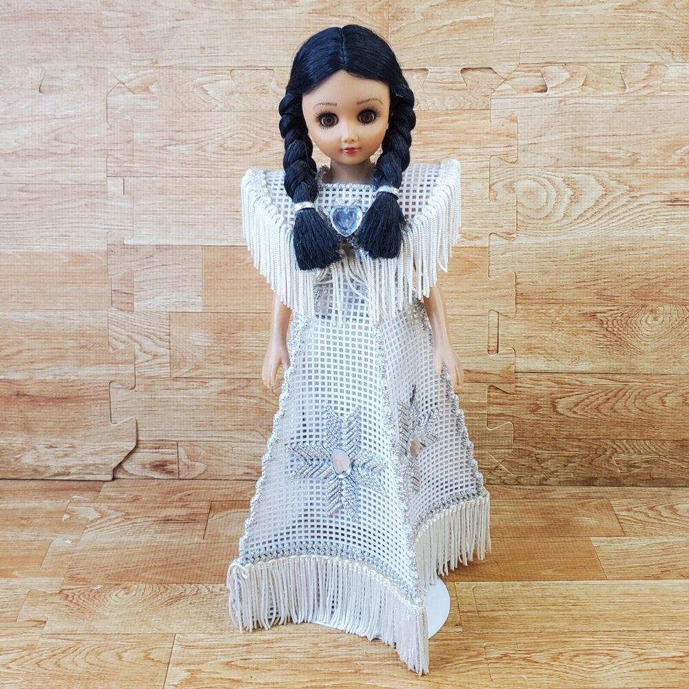 Native American Girl Braids Plastic Canvas Dress Sparkle Silver White Fringe 15”